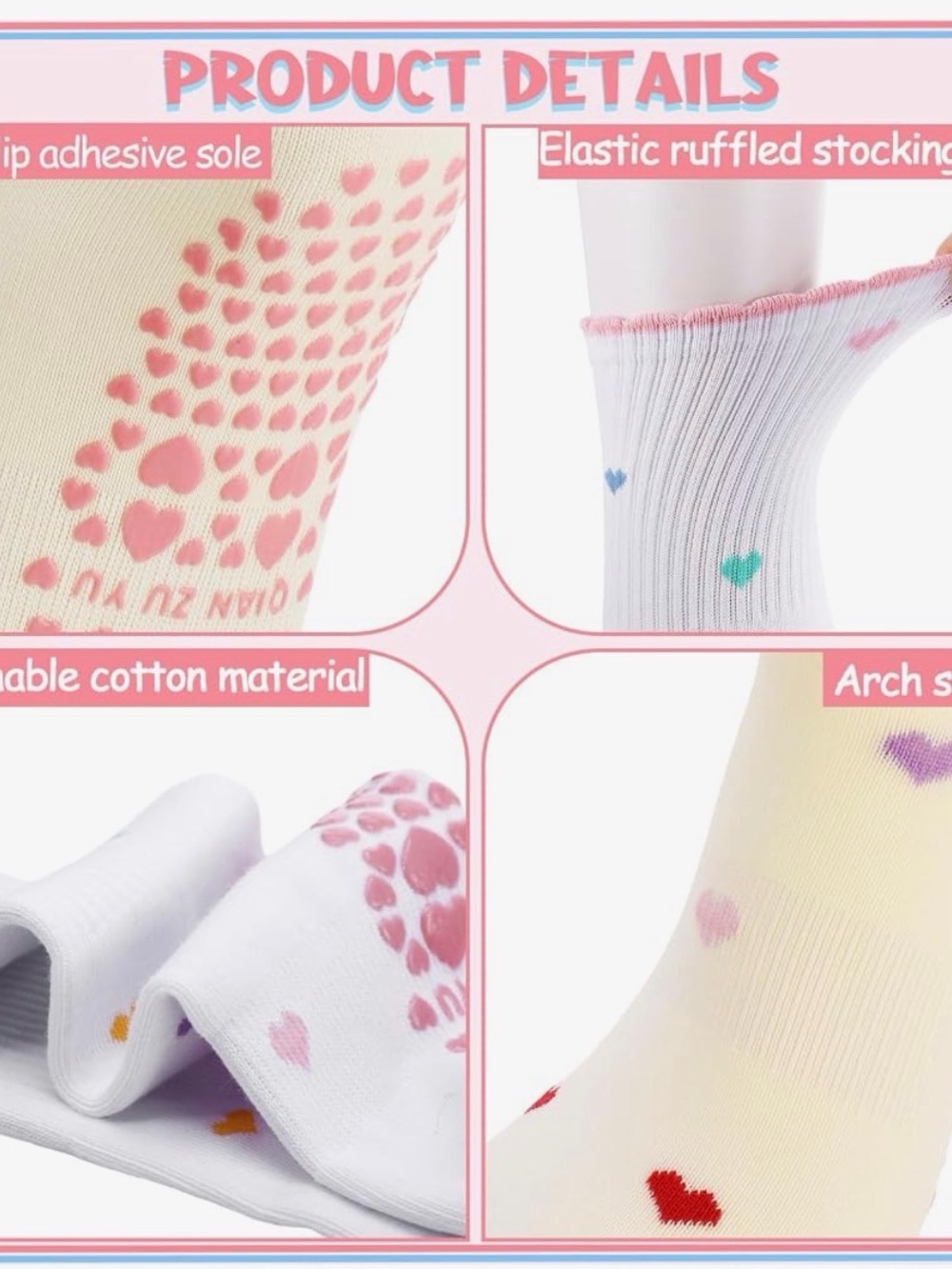 Women’s Athletic Crew Socks with Heart Grip — White with Pink Accents